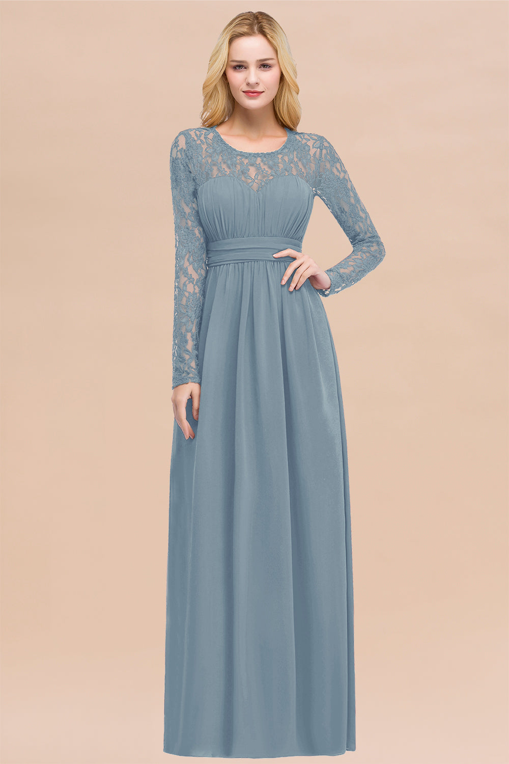 Elegant A-Line Chiffon Jewel Long Sleeves Ruffles Floor Length Bridesmaid Dresses