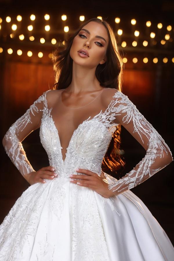 A-line Deep V-Neck Long Sleeve Floor Length Appliques Lace Wedding Dress