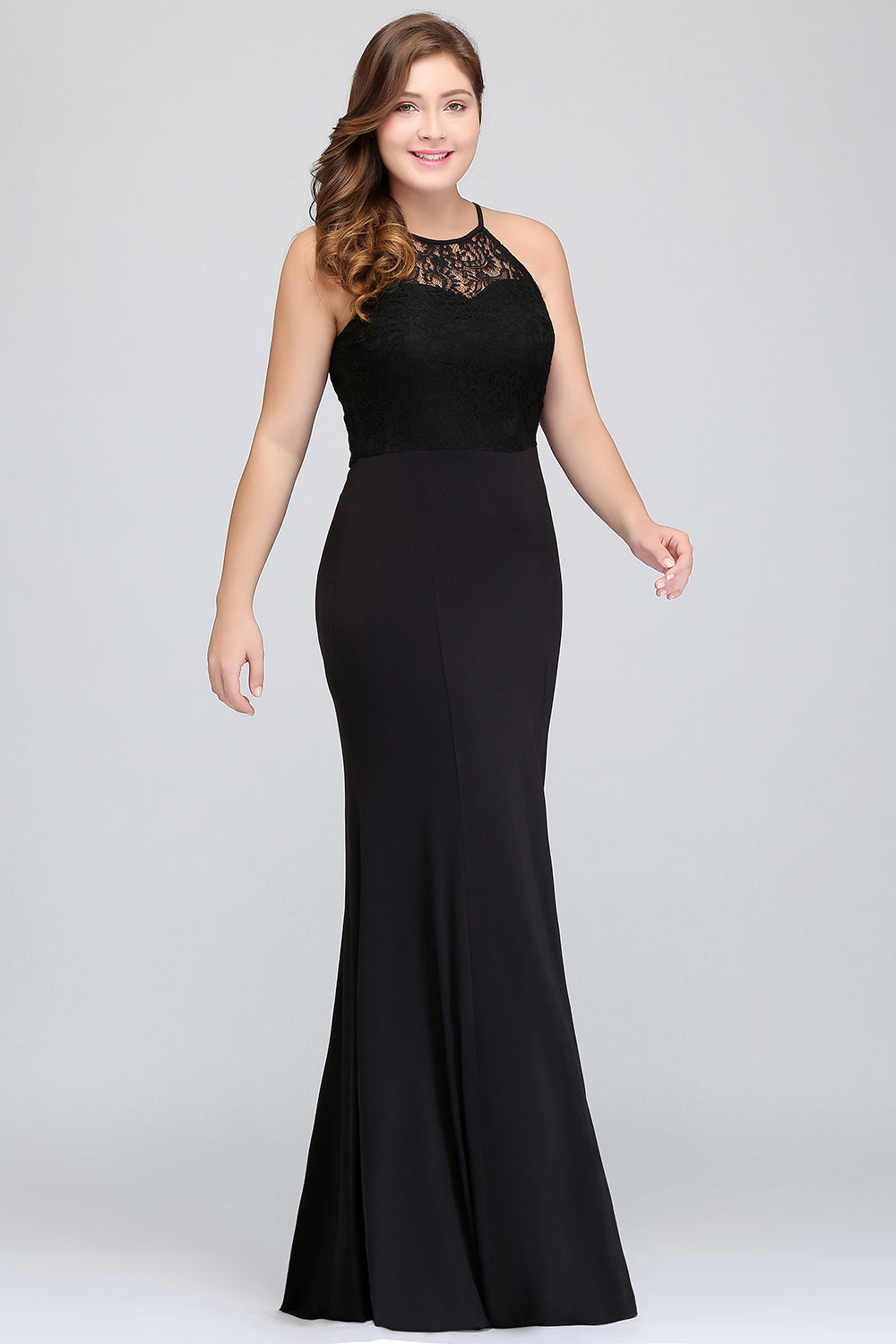 Plus Size Black Halter Spaghetti Straps Floor Length Ruffles Mermaid Prom Dress