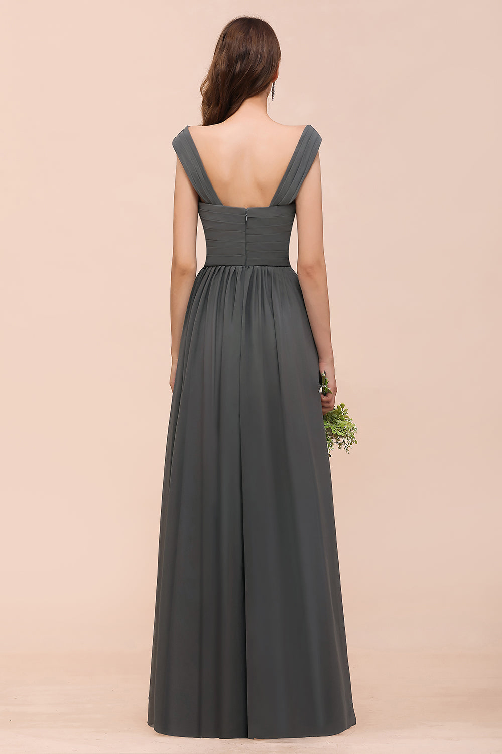 Long A-line Off the Shoulder Ruffle Steel Grey Bridesmaid Dress with Slit