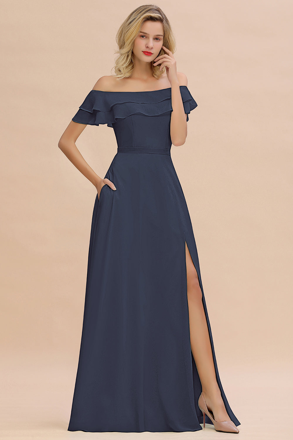 Off the Shoulder Front Slit Mint Green Long Bridesmaid Dress