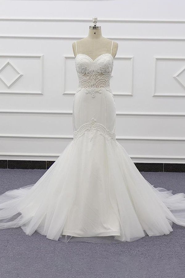 Chic Long Sweetheart Spaghetti Strap Beading Mermaid Wedding Dress