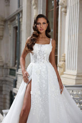 White A-line Square Neck Tulle Sleeveless Long Appliques Wedding Dress with High Split