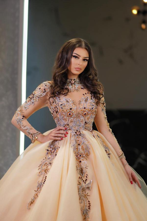 Gorgeous A-line Tulle Long Sleeve Appliques Lace Beads Floor Length Wedding Dress