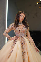 Gorgeous A-line Tulle Long Sleeve Appliques Lace Beads Floor Length Wedding Dress