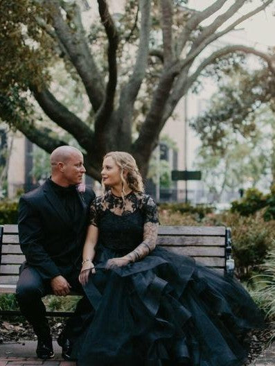Gorgeous Long Two Piece Tulle Lace Layers A-line Black Wedding Dress with Short Sleeves