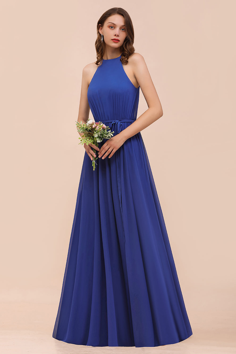 Royal Blue Halter Bridesmaid Dress A-Line Chiffon Floor Length Wedding Guest Dres