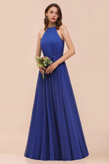 Royal Blue Halter Bridesmaid Dress A-Line Chiffon Floor Length Wedding Guest Dres