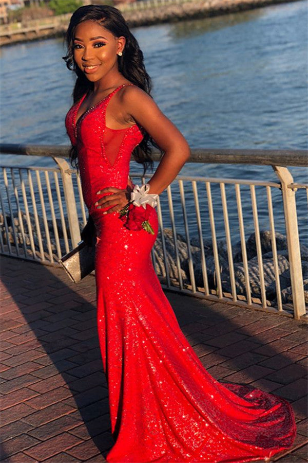 Red Long V-neck Spaghetti Straps Sequined Mermaid Prom Dress