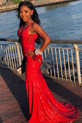 Red Long V-neck Spaghetti Straps Sequined Mermaid Prom Dress