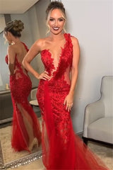 Long One Shoulder Lace Mermaid Red Prom Dress with Slit