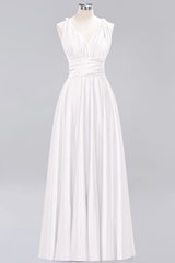 Simple A-Line V-Neck Sleeveless Ruffles Floor Length Bridesmaid Dress