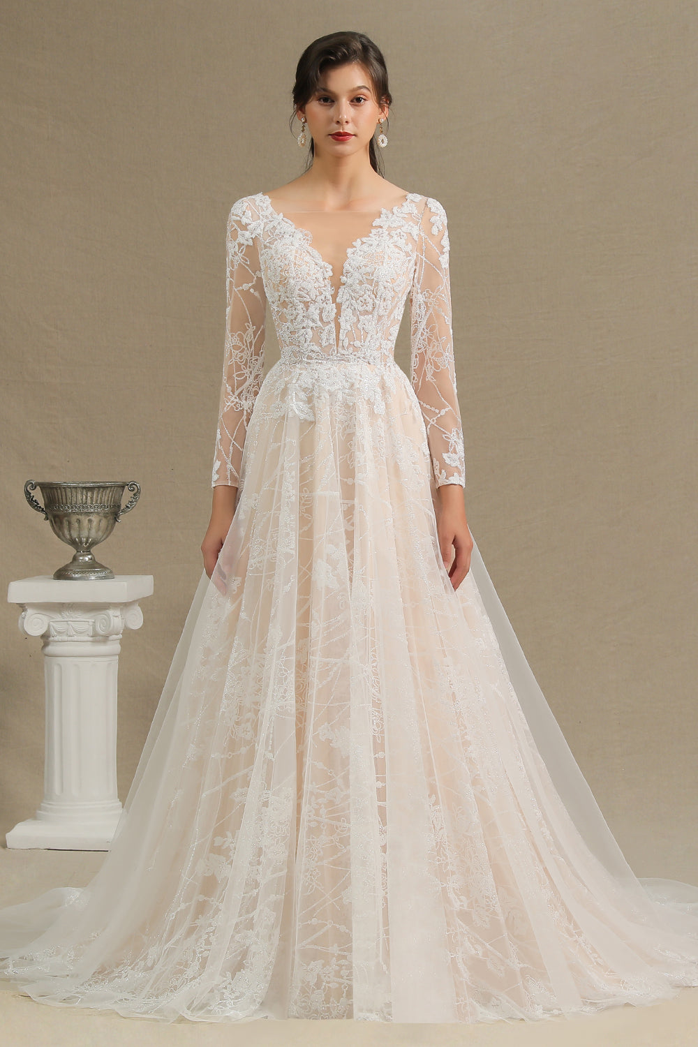 Long A-line V-neck Tulle Lace Wedding Dress with Sleeves