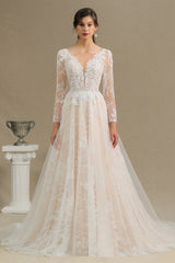 Long A-line V-neck Tulle Lace Wedding Dress with Sleeves