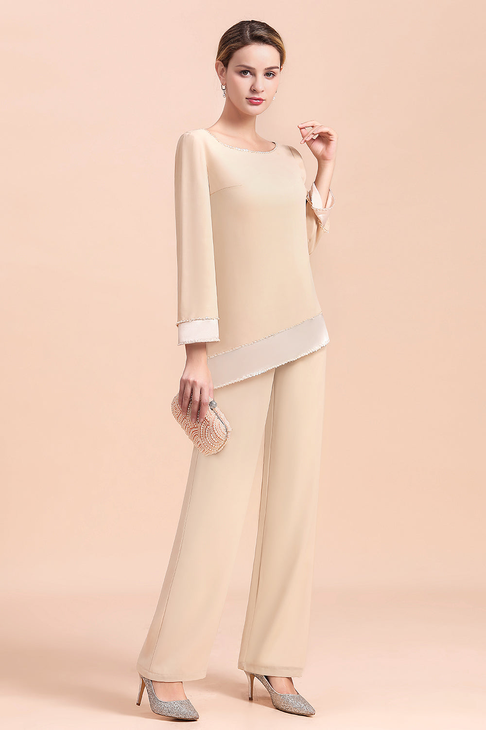 Chic Champagne Chiffon Long Sleeve Mother of Bride Jumpsuit