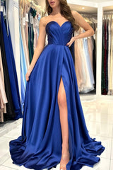 Elegant Long A-line Sweetheart Satin Formal Prom Dresses with Slit