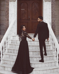 Black Long A-line Tulle Lace Wedding Dress with Sleeves