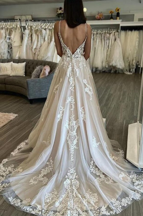 Elegant Long A-line V-neck Tulle Lace Backless Wedding Dresses