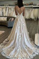 Elegant Long A-line V-neck Tulle Lace Backless Wedding Dresses