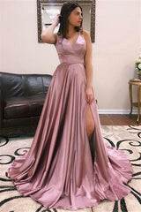 Long V-neck Split Front A-line Satin Prom Dress