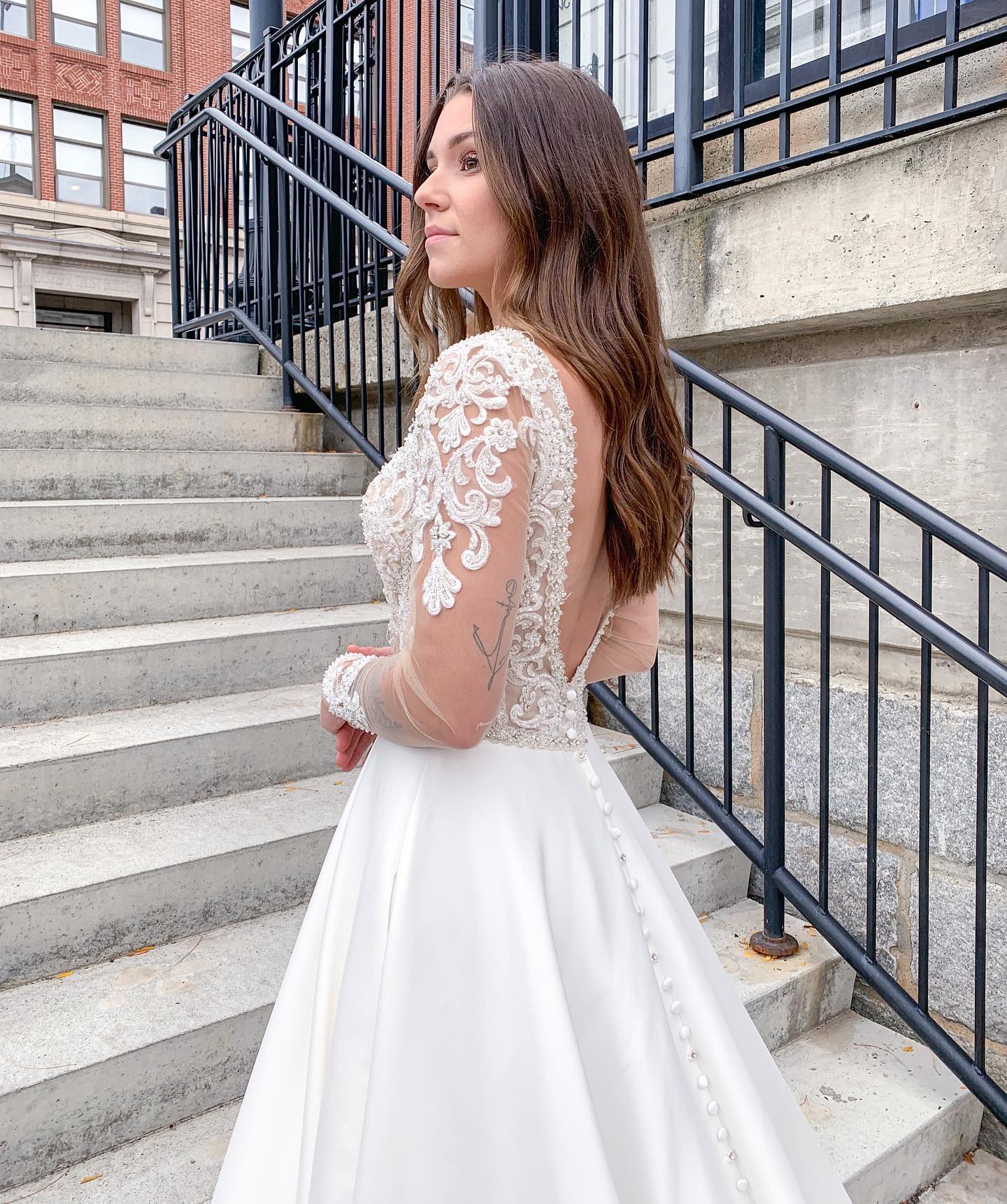 Long A-Line Deep V-neck Appliques Lace Open Back Floor Length Satin Wedding Dress with Pockets