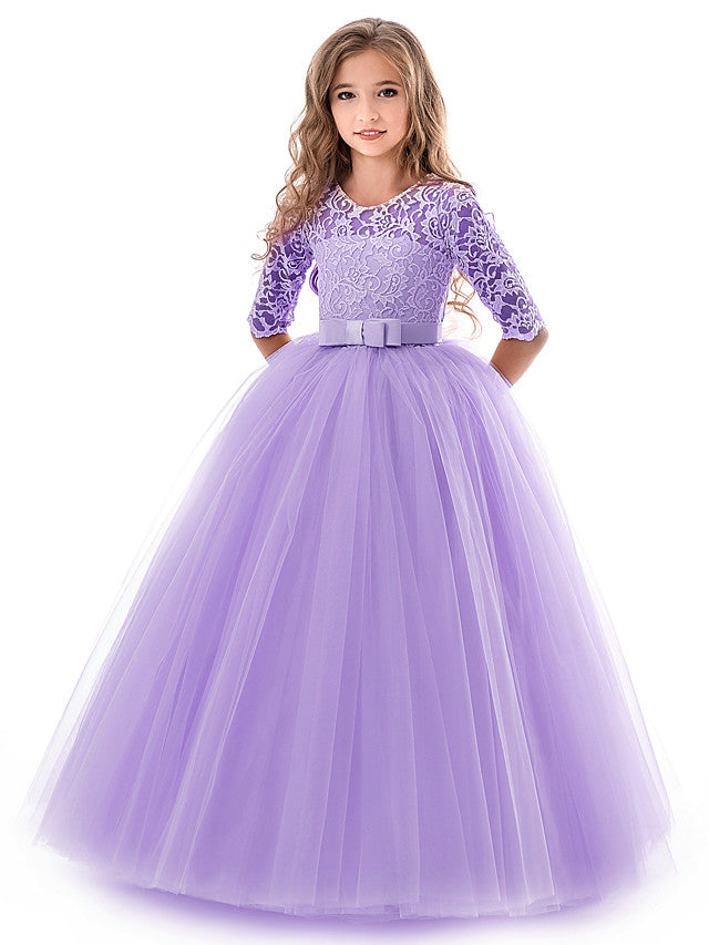 Long Ball Gown Tulle Lace Jewel Neck Flower Girl Dresses with Half Sleeve