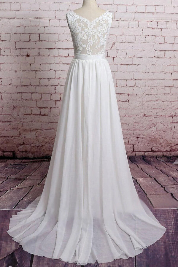 Awesome Long V-neck Lace Chiffon A-line Wedding Dress