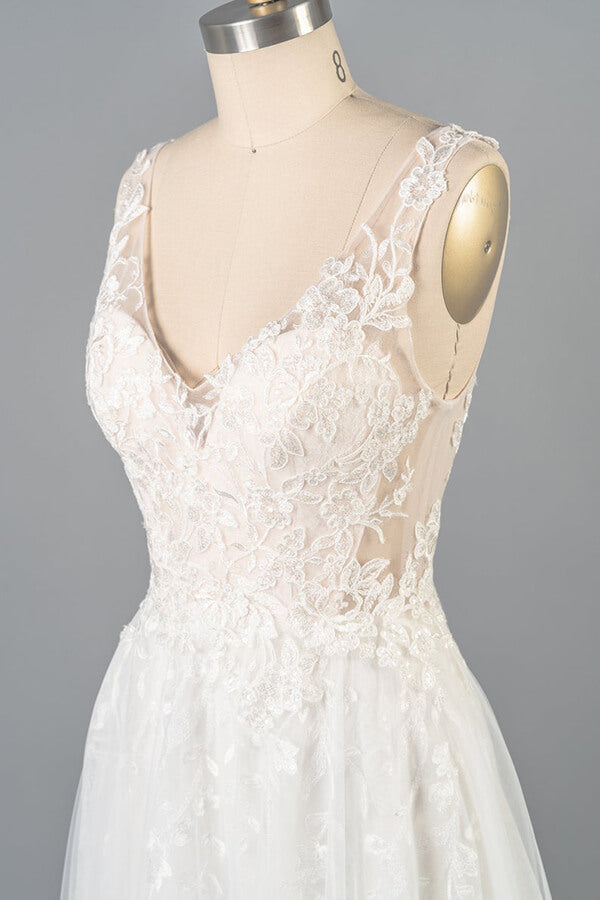 Long V-neck Appliques Tulle A-line Open Back Wedding Dress