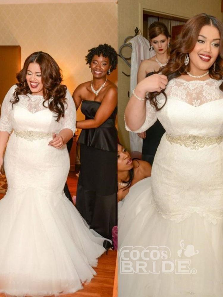 Plus Size Long Lace Half Sleeves Mermaid Wedding Dresses