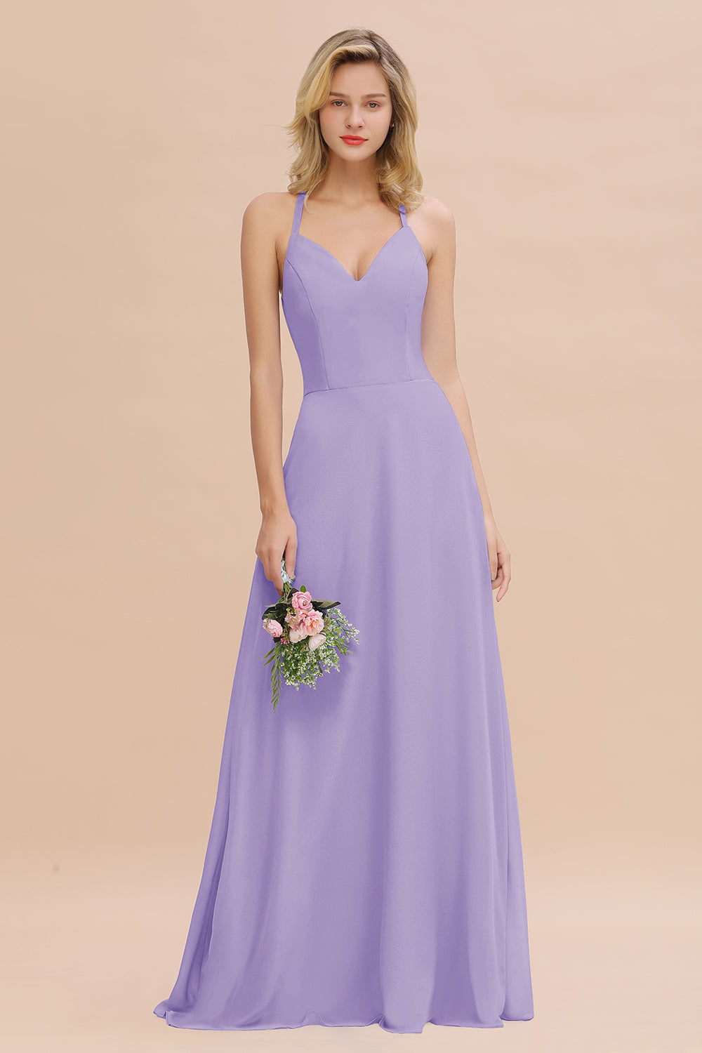Stylish Chiffon Spaghetti Straps Sleeveless Long Bridesmaid Dress