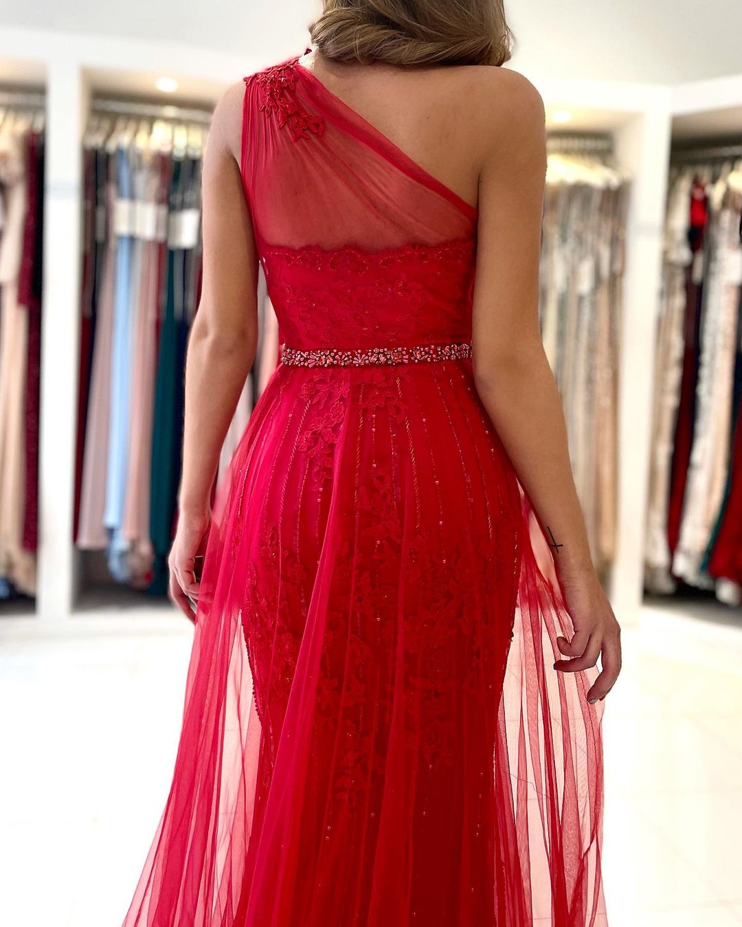 Long Mermaid One Shoulder Tulle Slit Prom Dress with Detachable Train