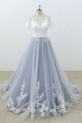 Blue Gray Tulle Long A-line Lace Short Sleeve Beach Wedding Dress