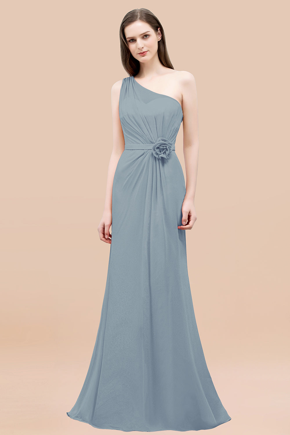 Mermaid Chiffon One Shoulder Sleeveless Ruffled Floor Length Bridesmaid Dresses with Flower