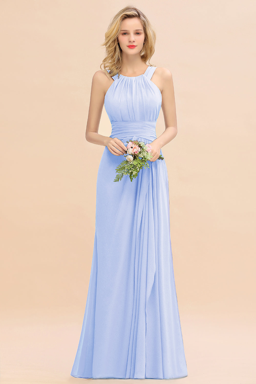 Long A-line Halter Chiffon Backless Floor Length Bridesmaid Dresses