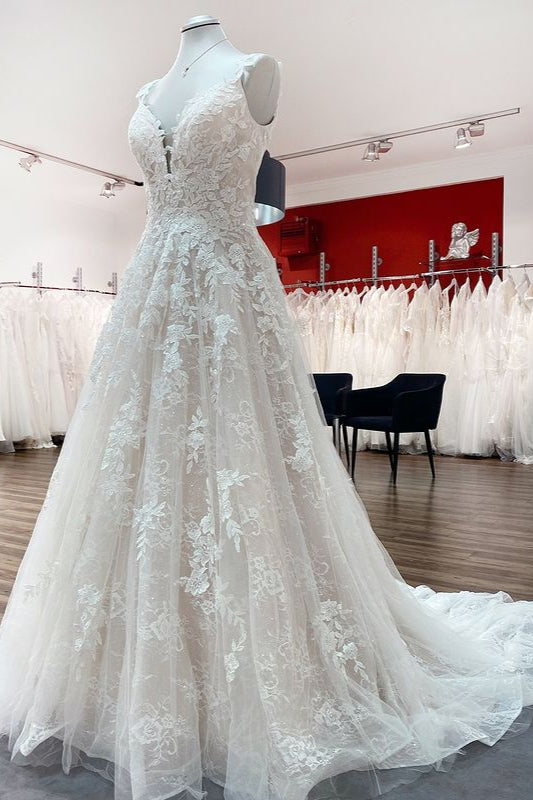 Beautiful Long A-line Tulle Lace V Neck Ruffles Open Back Wedding Dresses