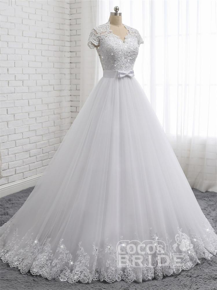 Elegant Long A-line Sweetheart Lace Beaded Tulle Wedding Dresses with Short Sleeves