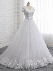 Elegant Long A-line Sweetheart Lace Beaded Tulle Wedding Dresses with Short Sleeves