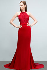 Long Halter Lace Satin Mermaid Red Evening Dress