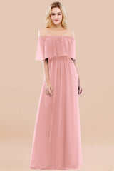 A-line Chiffon Off the Shoulder Short Sleeves Ruffles Floor Length Bridesmaid Dress