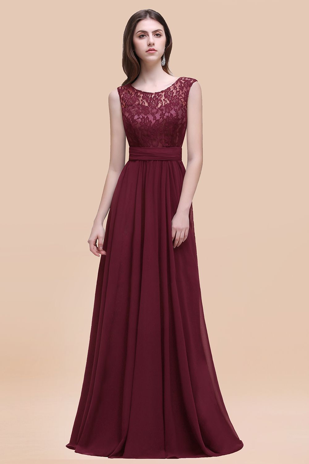 Elegant A-line Chiffon Lace Scoop Sleeveless Floor Length Bridesmaid Dress
