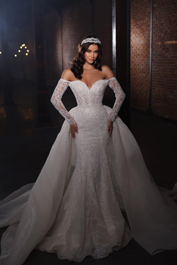 Gorgeous Long Mermaid Off the Shoulder Lace Wedding Dress with Sleeves