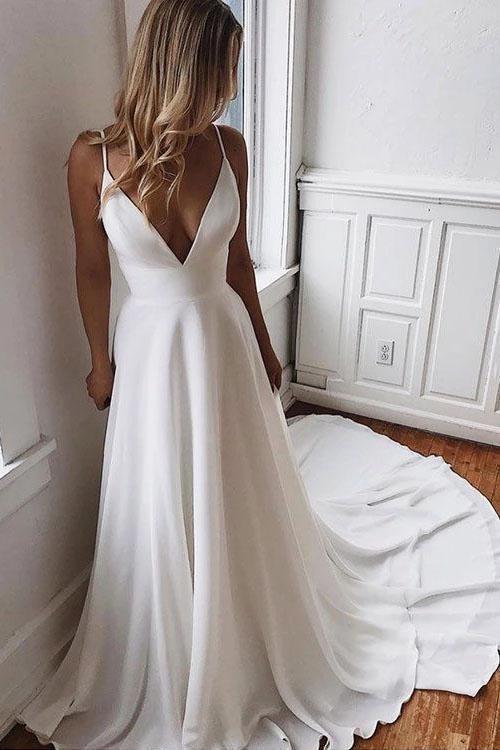 Simple Long A-line V-neck Spaghetti Strap Chiffon Beach Wedding Dress