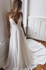 Simple Long A-line V-neck Spaghetti Strap Chiffon Beach Wedding Dress