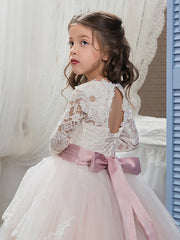 Long Ball Gown Jewel Neck Lace Flower Girl Dresses with Sleeves
