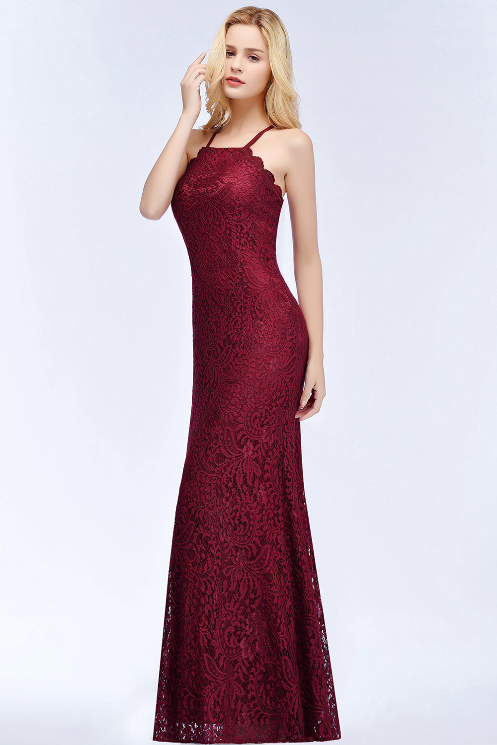 Mermaid Floor Length Halter Lace Burgundy Bridesmaid Dresses