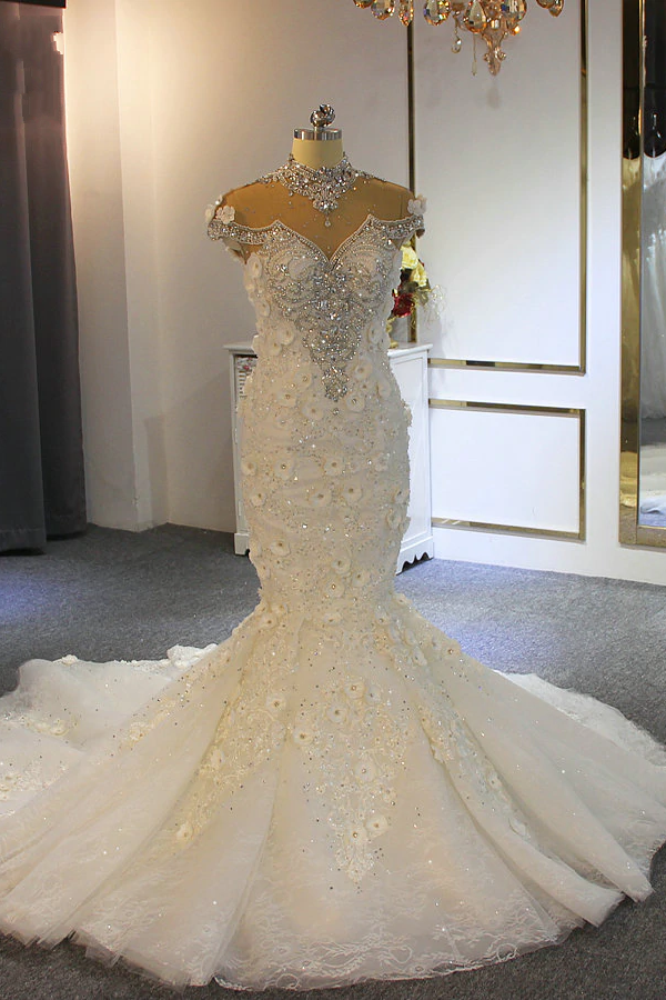 Gorgeous Long High Neck Appliques Lace Crystal Tulle Floor Length Mermaid Wedding Dress