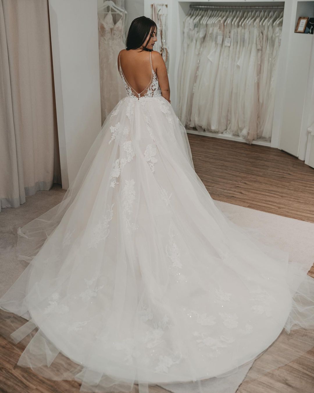 Elegant Long A-line V-neck Tulle Open Back Wedding Dresses