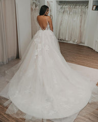 Elegant Long A-line V-neck Tulle Open Back Wedding Dresses