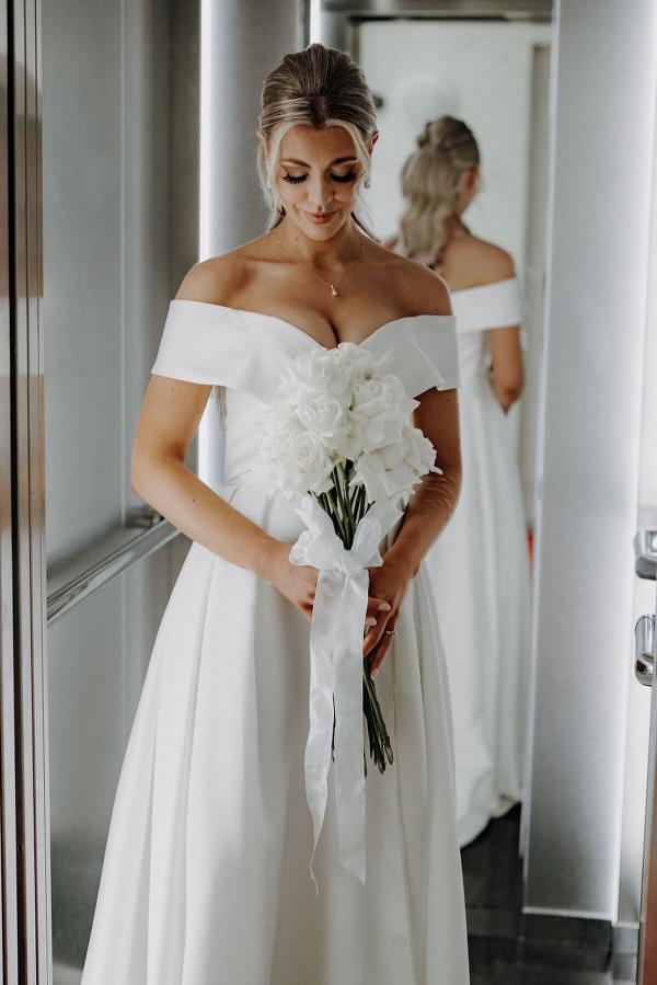 Simple Long Off The Shoulder V-Neck Satin A-Line Wedding Dress with Slit