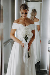Simple Long Off The Shoulder V-Neck Satin A-Line Wedding Dress with Slit